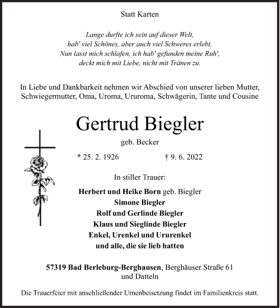 Traueranzeige von Gertrud Biegler von Siegener Zeitung