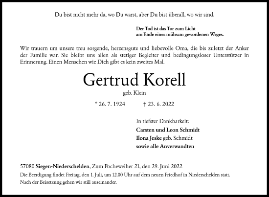 Traueranzeige von Gertrud Korell von Siegener Zeitung