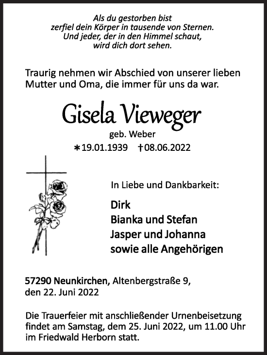 Traueranzeige von Gisela Vieweger von Siegener Zeitung