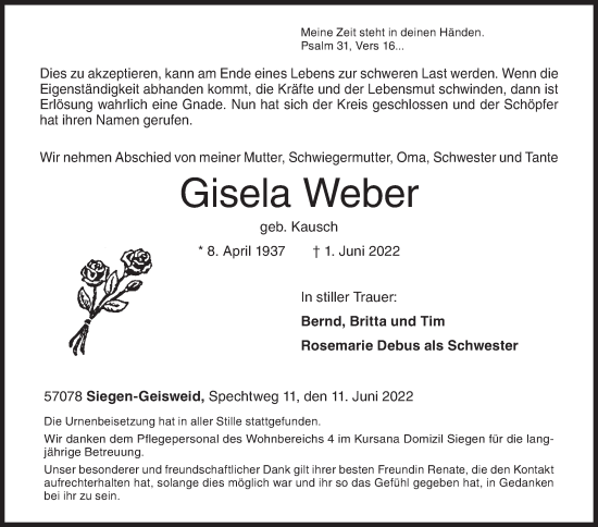Traueranzeige von Gisela Weber von Siegener Zeitung