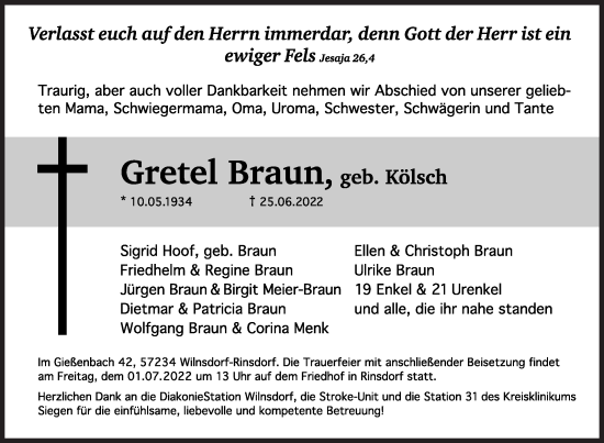 Traueranzeige von Gretel Braun von Siegener Zeitung