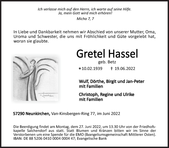 Traueranzeige von Gretel Hassel von Siegener Zeitung