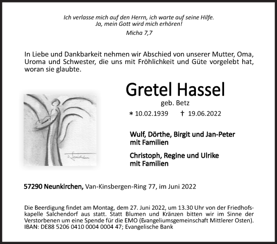 Traueranzeige von Gretel Hassel von Siegener Zeitung