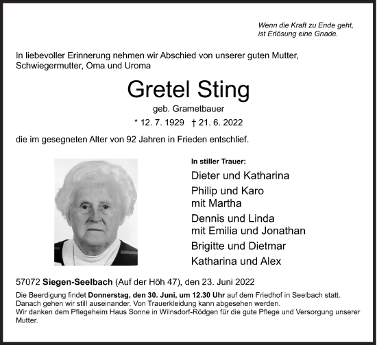 Traueranzeige von Gretel Sting von Siegener Zeitung