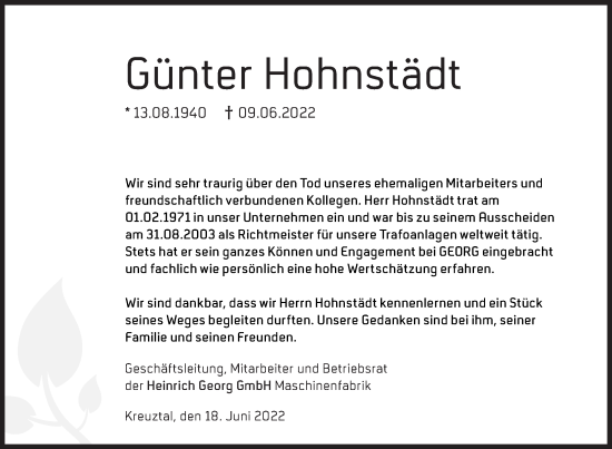 Traueranzeige von Günter Hohnstädt von Siegener Zeitung