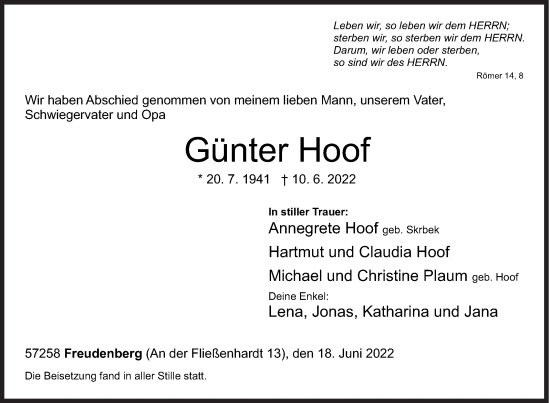 Traueranzeige von Günter Hoof von Siegener Zeitung