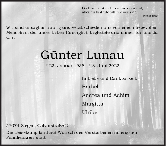 Traueranzeige von Günter Lunau von Siegener Zeitung
