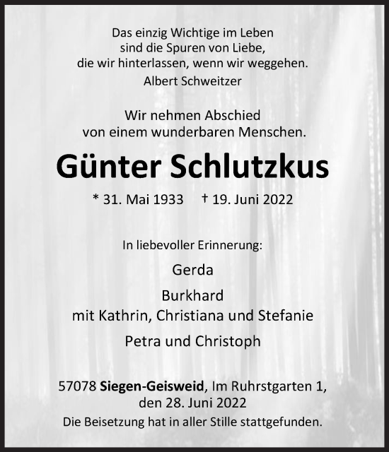Traueranzeige von Günter Schlutzkus von Siegener Zeitung