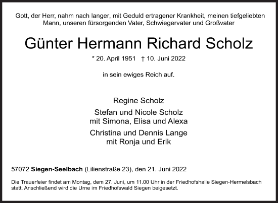 Traueranzeige von Günter Hermann Richard Scholz von Siegener Zeitung