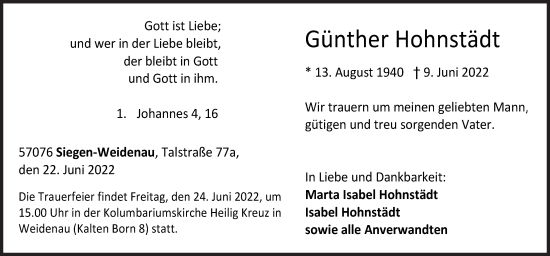 Traueranzeige von Günther Hohnstädt von Siegener Zeitung