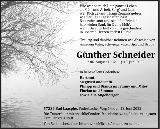 Traueranzeige von Günther Schneider von Siegener Zeitung