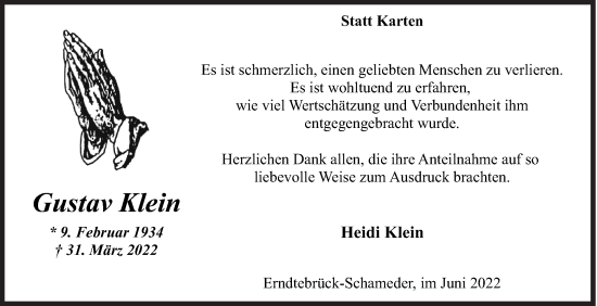 Traueranzeige von Gustav Klein von Siegener Zeitung