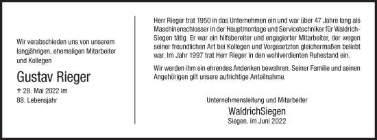 Traueranzeige von Gustav Rieger von Siegener Zeitung