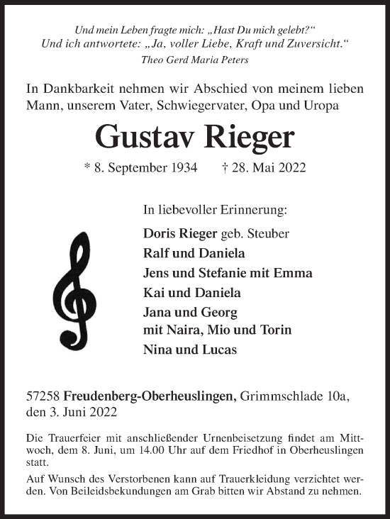 Traueranzeige von Gustav Rieger von Siegener Zeitung