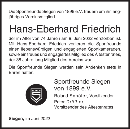 Traueranzeige von Hans-Eberhard Friedrich von Siegener Zeitung
