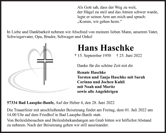 Traueranzeige von Hans Haschke von Siegener Zeitung