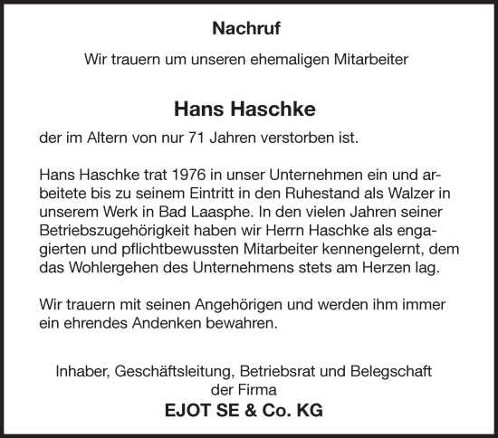 Traueranzeige von Hans Haschke von Siegener Zeitung