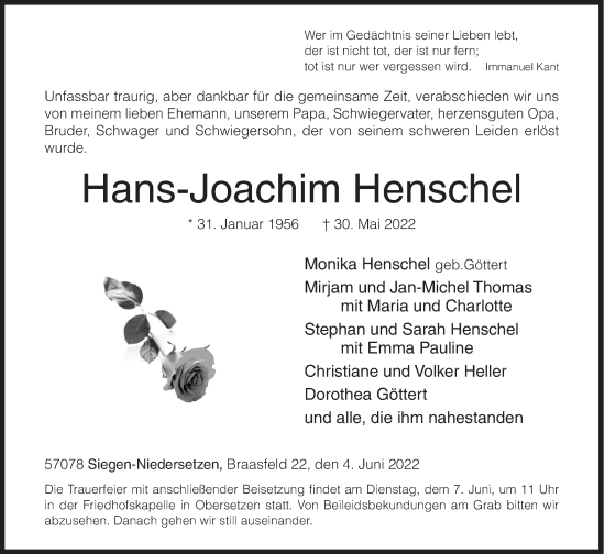 Traueranzeige von Hans-Joachim Henschel von Siegener Zeitung