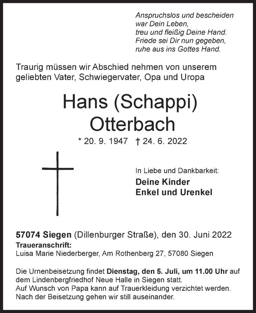  Traueranzeige für Hans Otterbach vom 30.06.2022 aus Siegener Zeitung