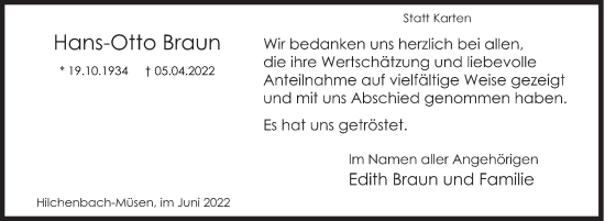 Traueranzeige von Hans-Otto Braun von Siegener Zeitung