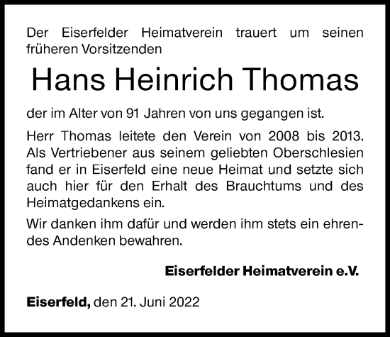 Traueranzeige von Hans Heinrich Thomas von Siegener Zeitung