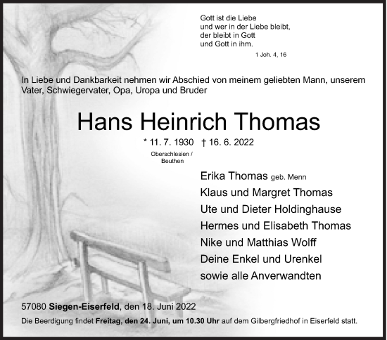 Traueranzeige von Hans Heinrich Thomas von Siegener Zeitung