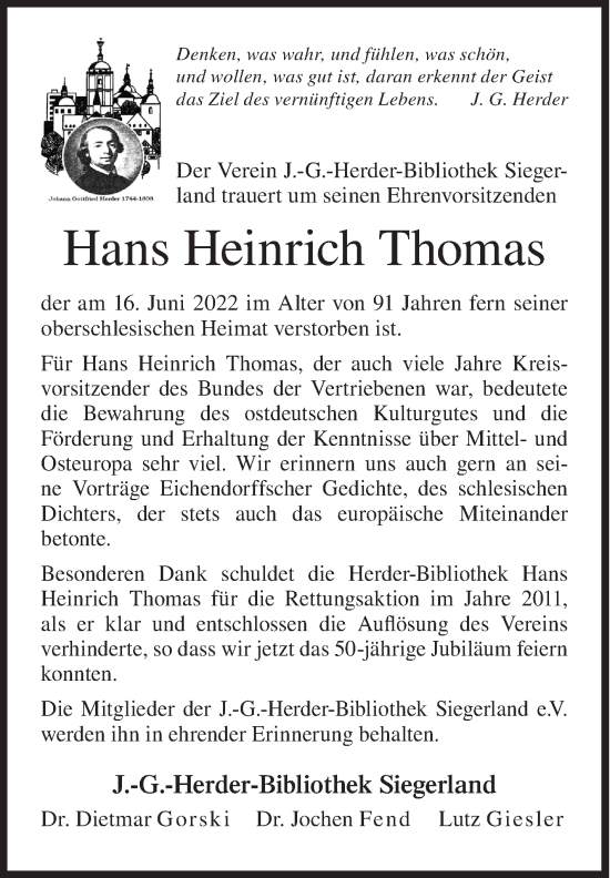 Traueranzeige von Hans Heinrich Thomas von Siegener Zeitung