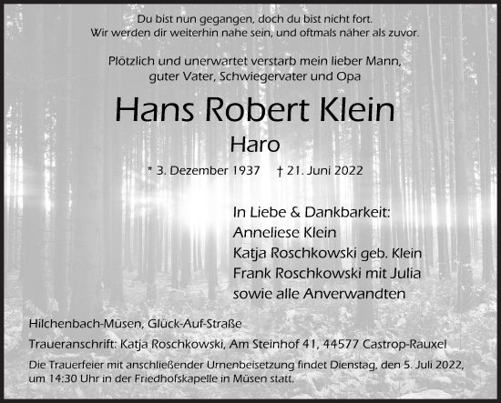 Traueranzeige von Hans Robert Klein von Siegener Zeitung