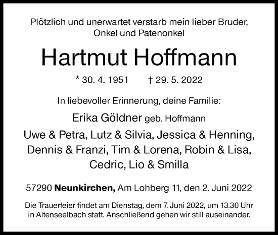 Traueranzeige von Hartmut Hoffmann von Siegener Zeitung