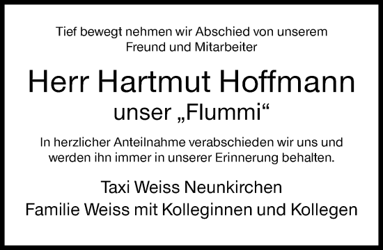 Traueranzeige von Hartmut Hoffmann von Siegener Zeitung