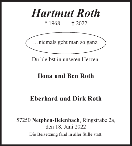 Traueranzeige von Hartmut Roth von Siegener Zeitung