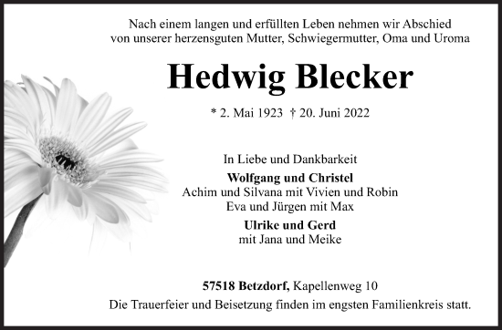 Traueranzeige von Hedwig Blecker von Siegener Zeitung