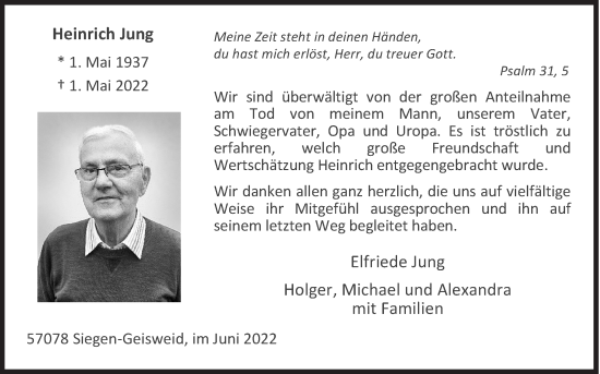 Traueranzeige von Heinrich Jung von Siegener Zeitung