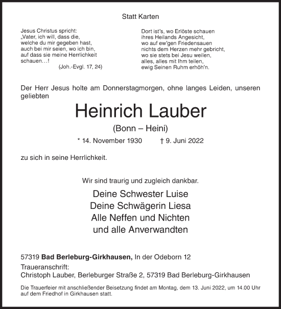 Traueranzeige von Heinrich Lauber von Siegener Zeitung