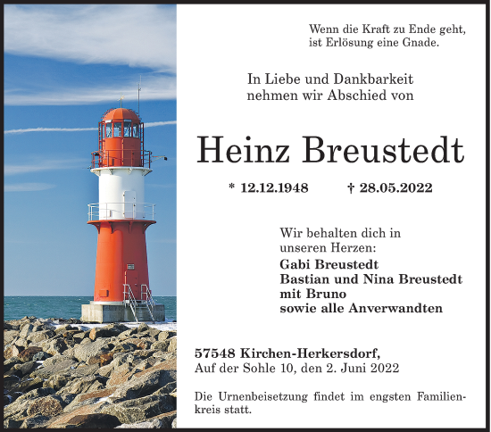 Traueranzeige von Heinz Breustedt von Siegener Zeitung