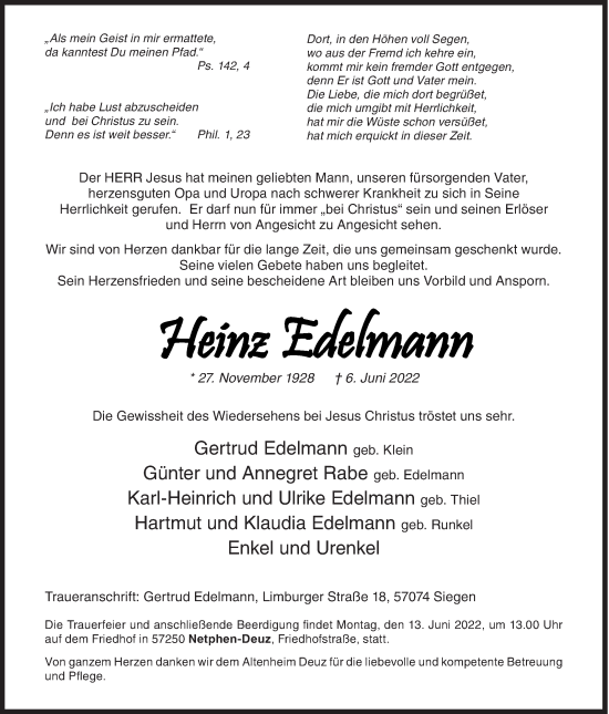 Traueranzeige von Heinz Edelmann von Siegener Zeitung