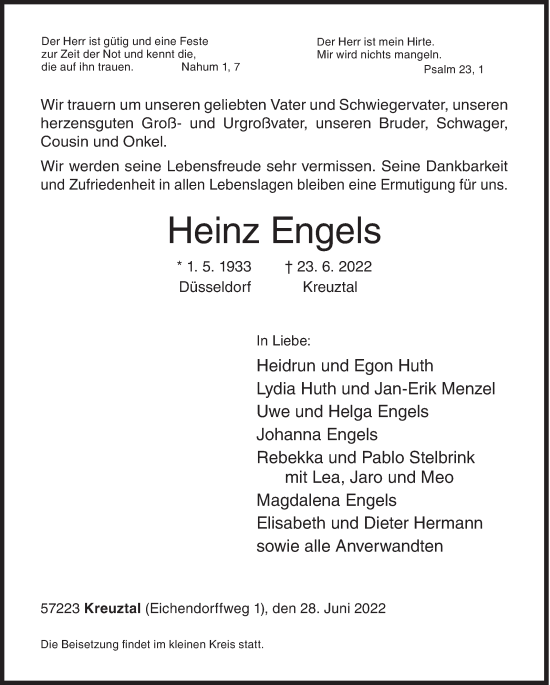 Traueranzeige von Heinz Engels von Siegener Zeitung
