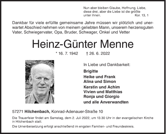 Traueranzeige von Heinz-Günter Menne von Siegener Zeitung