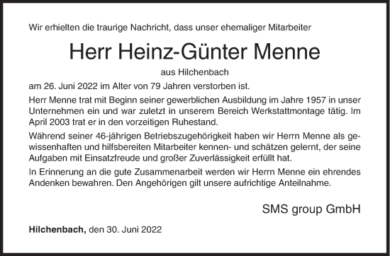 Traueranzeige von Heinz-Günter Menne von Siegener Zeitung