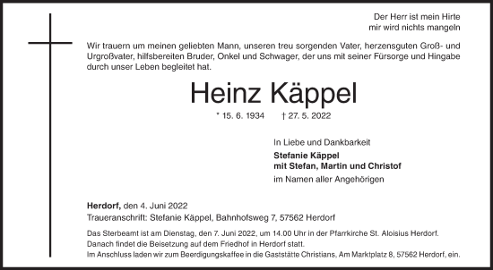 Traueranzeige von Heinz Käppel von Siegener Zeitung