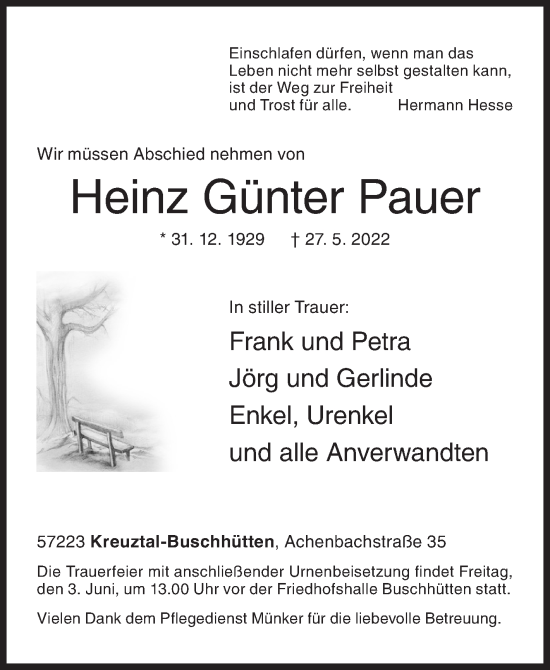 Traueranzeige von Heinz Günter Pauer von Siegener Zeitung