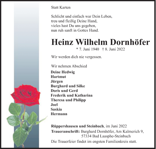 Traueranzeige von Heinz Wilhelm Dornhöfer von Siegener Zeitung