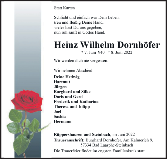 Traueranzeige von Heinz Wilhelm Dornhöfer von Siegener Zeitung