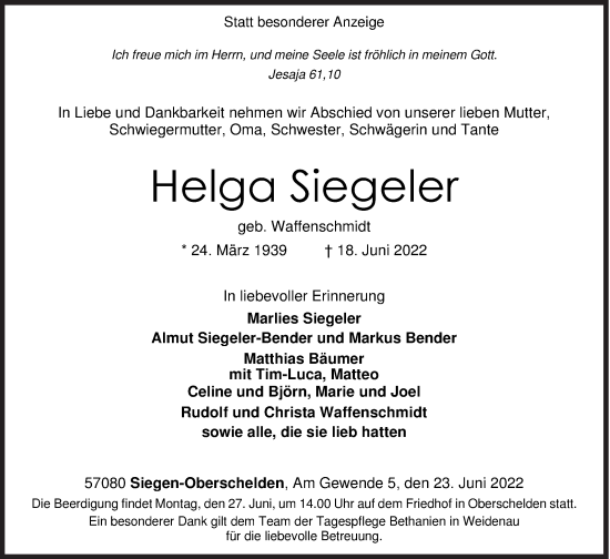 Traueranzeige von Helga Siegeler von Siegener Zeitung