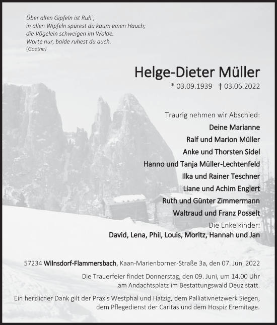Traueranzeige von Helge-Dieter Müller von Siegener Zeitung