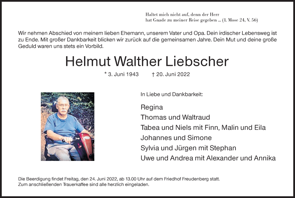  Traueranzeige für Helmut Walther Liebscher vom 22.06.2022 aus Siegener Zeitung