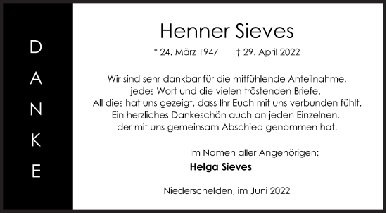 Traueranzeige von Henner Sieves von Siegener Zeitung
