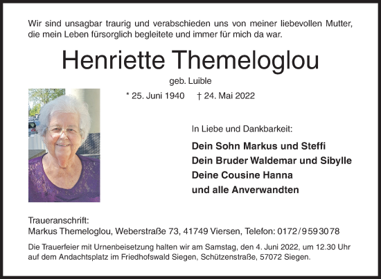 Traueranzeige von Henriette Themeloglou von Siegener Zeitung