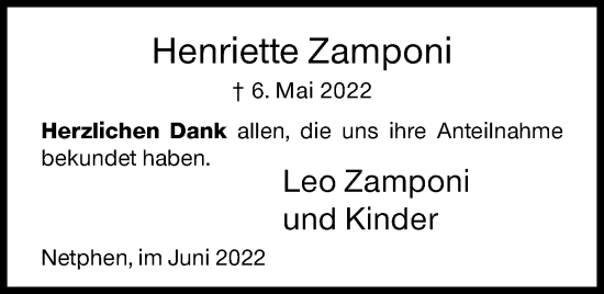 Traueranzeige von Henriette Zamponi von Siegener Zeitung