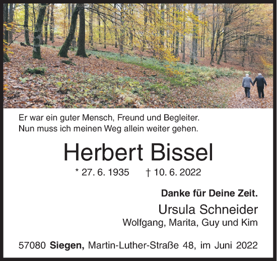 Traueranzeige von Herbert Bissel von Siegener Zeitung